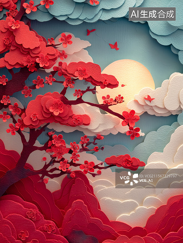 【AI数字艺术】剪纸樱花树林图片素材