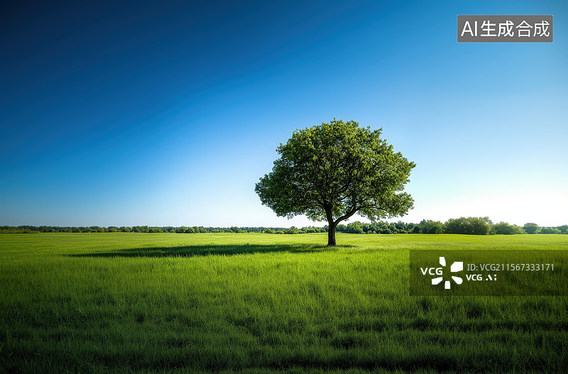 【AI数字艺术】户外草原草地上一棵孤独的大树图片素材