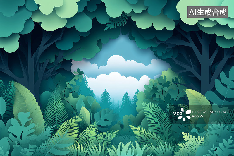 【AI数字艺术】四周被绿植覆盖，中间蓝天白云，生态环境宣传图图片素材