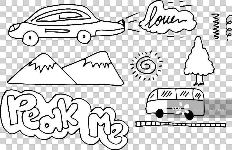 可爱的男孩涂鸦画，画有汽车、卡车和树木图片素材