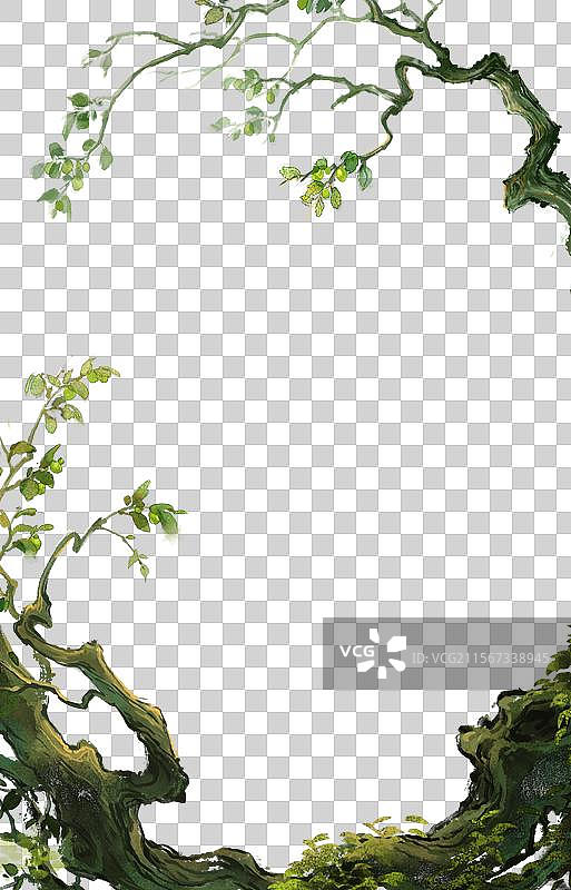 环绕的长了青梅绿叶树干树枝-古风水墨元素图片素材