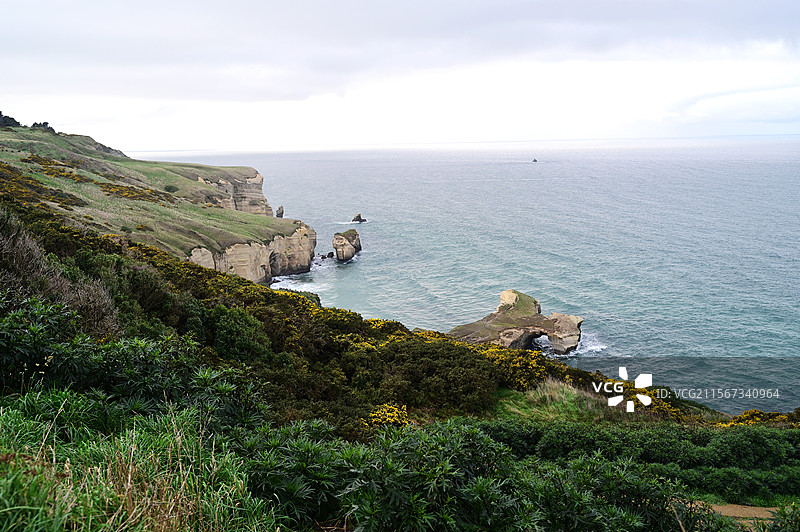新西兰但尼丁隧道海滩深入大海的海蚀拱桥图片素材
