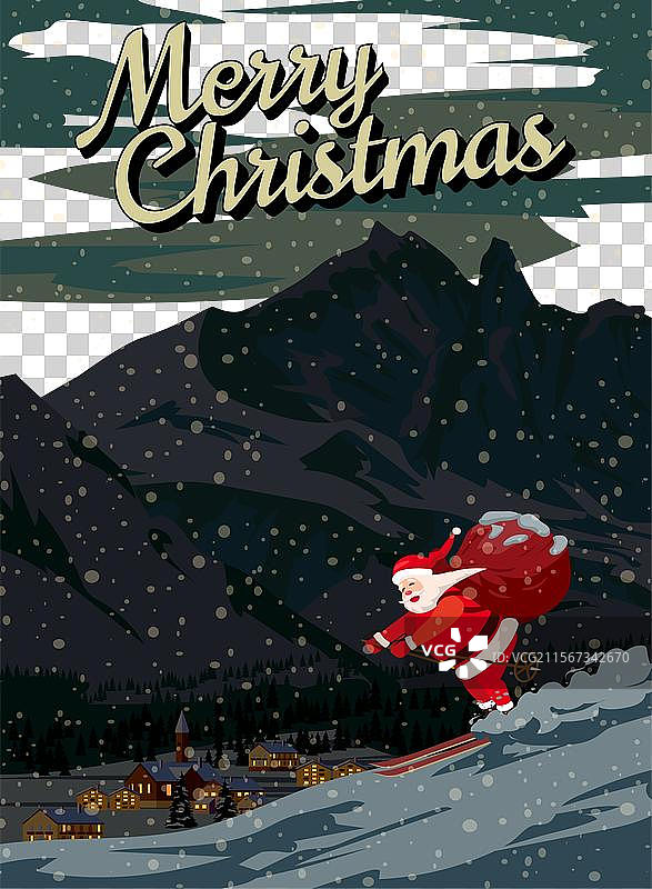 海报：圣诞快乐，圣诞老人滑雪在雪中图片素材