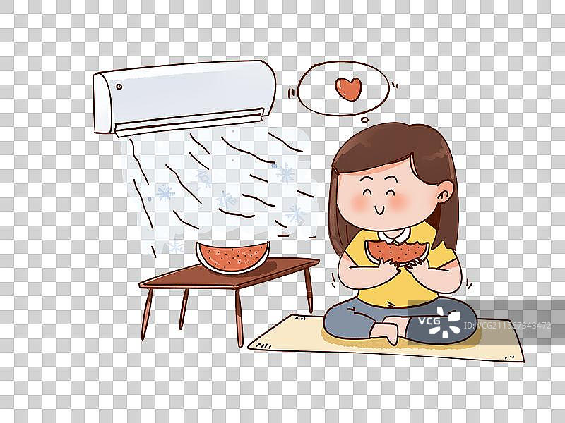 女孩吹空调吃西瓜消暑 空调 西瓜 凉爽 开心 爱心图片素材