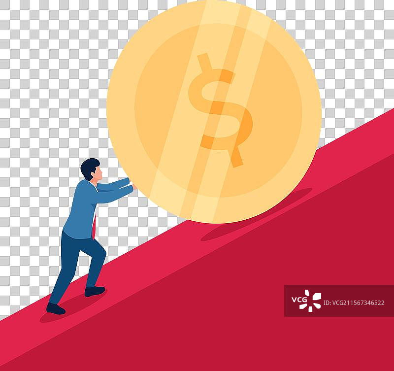 男人努力推着一枚大硬币图片素材