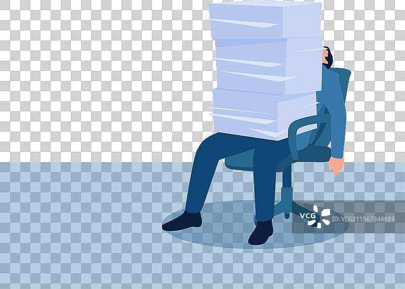 一个男人坐在一堆工作文件下，感到压抑。图片素材