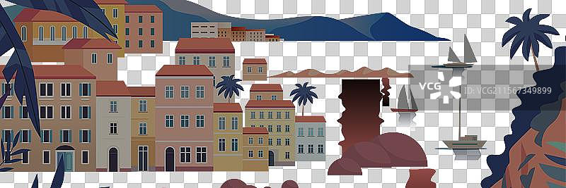 地中海沿海小镇的建筑和帆船图片素材