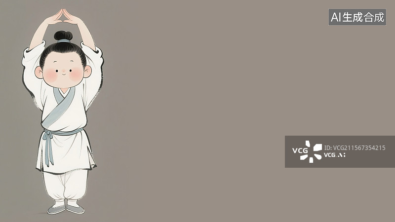 【AI数字艺术】复古中国风水墨画居左背景，八段锦动作第一式两手托天理三焦 古代武学中医养生锻炼健身操 新国风人物插画图片素材