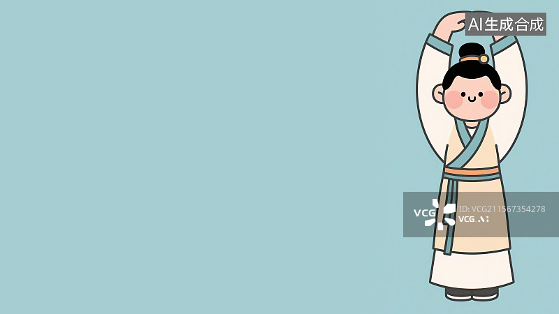 【AI数字艺术】2D卡通居右背景趣味扁平元素，八段锦动作第一式两手托天理三焦 古代武学中医养生锻炼健身操古风人物插画图片素材