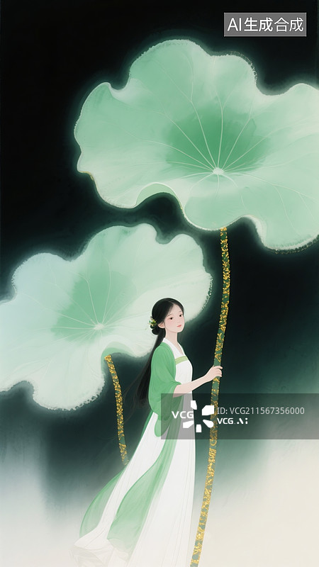 【AI数字艺术】泼墨艺术，两片巨大的荷叶 ，荷叶中间渺小的少女，绿白主色调图片素材