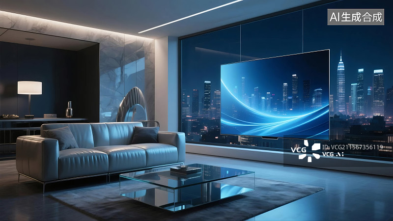 【AI数字艺术】现代客厅内，大屏幕电视展示城市夜景，窗外高楼林立图片素材