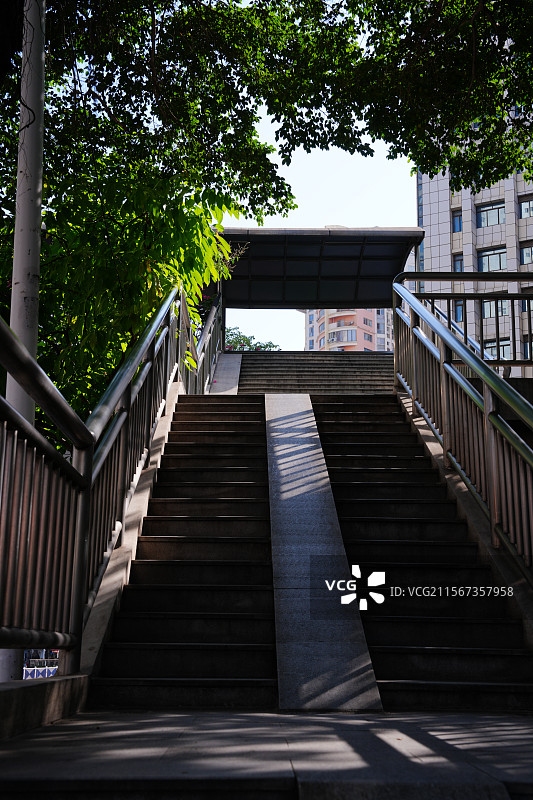 阳光透过树叶洒下过街天桥图片素材