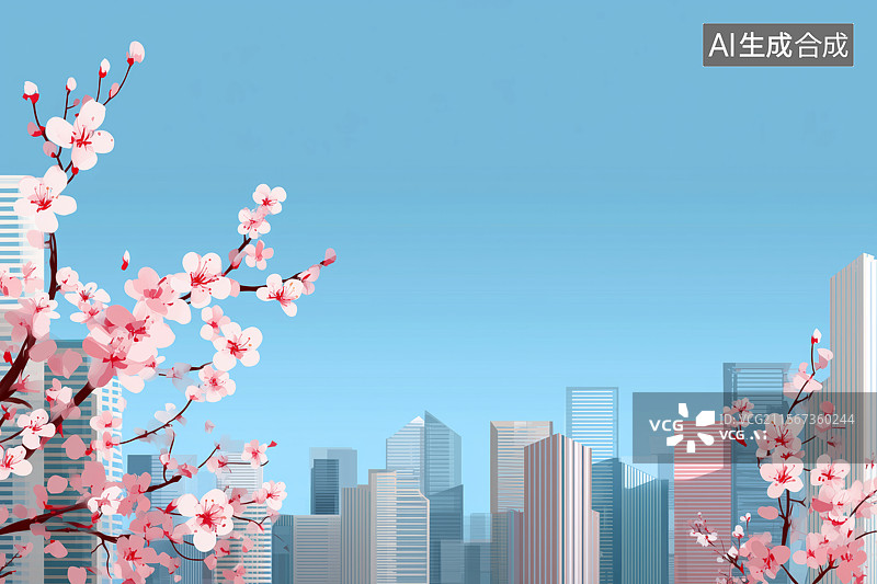【AI数字艺术】花朵环绕的城市背景插画图片素材