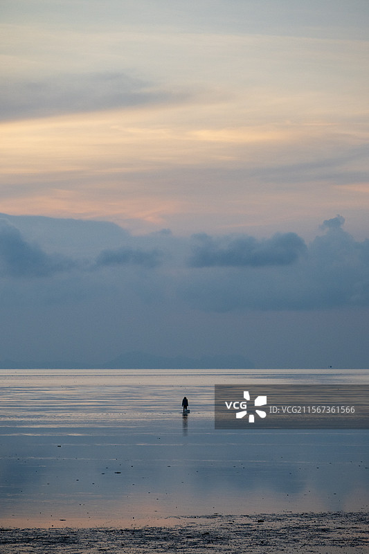 普吉岛海边的渔民，清晨之际，正在赶海图片素材