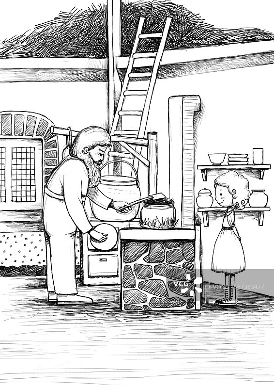 黑白插画 文学故事插图 爷爷给孙女做饭图片素材