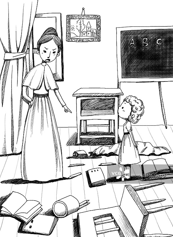 黑白插画 文学故事插图 在室内调皮捣蛋的女孩图片素材