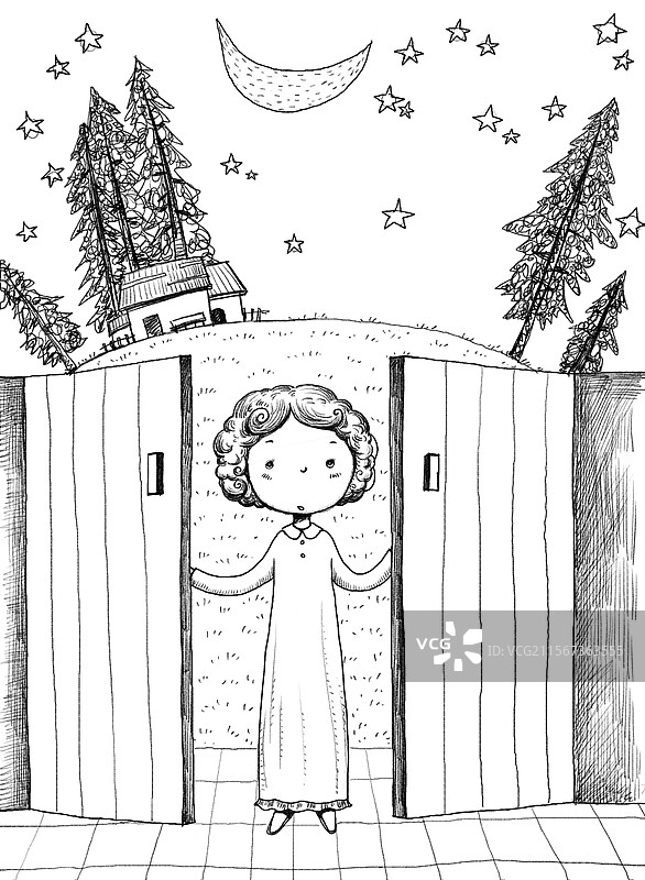 黑白插画 文学故事插图 打开院子大门的女孩图片素材