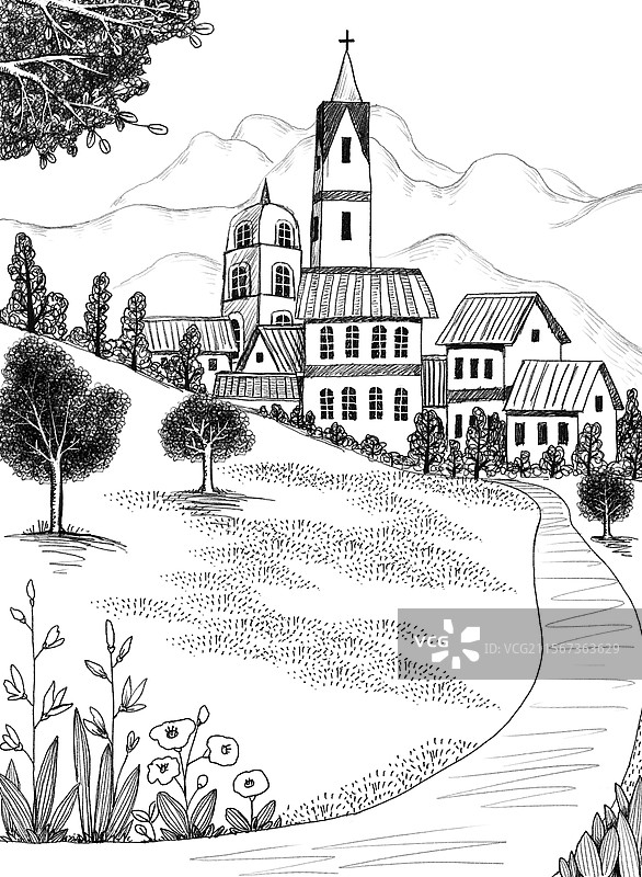 黑白插画 文学故事插图 着落在树林深处的别墅图片素材