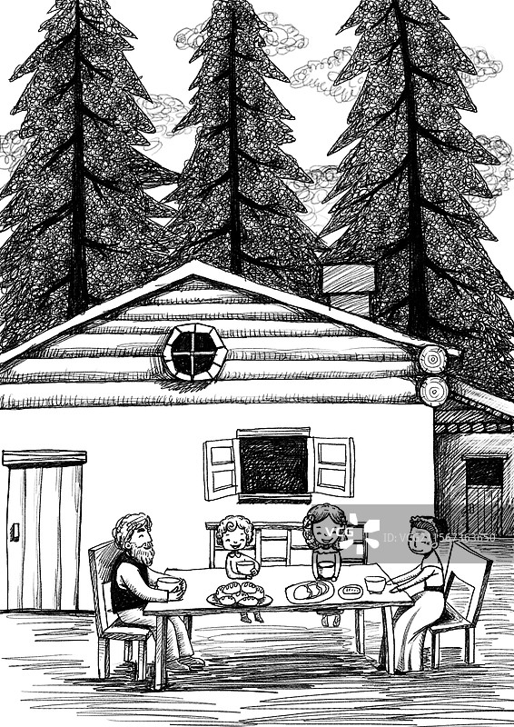 黑白插画 文学故事插图 在室外桌子上就餐图片素材