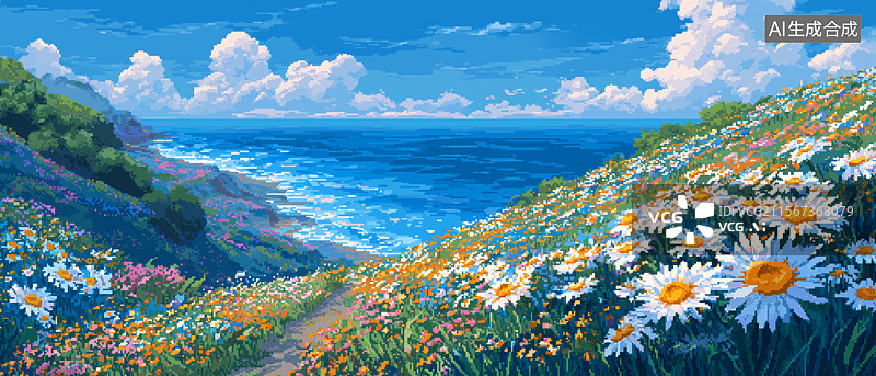 【AI数字艺术】宽屏海边花朵盛开插画图片素材