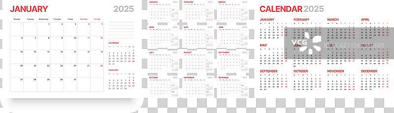 2025年计划日记的每月日历布局图片素材