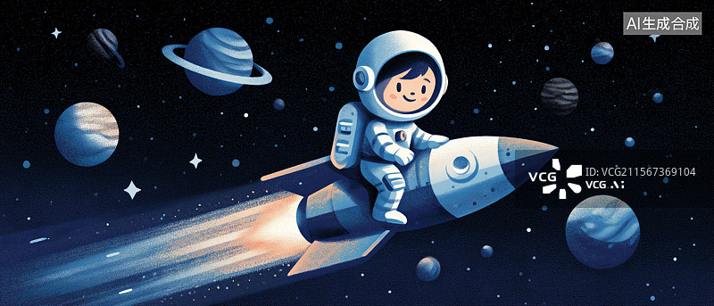 【AI数字艺术】宽屏宇航员坐着火箭在太空翱翔插画图片素材