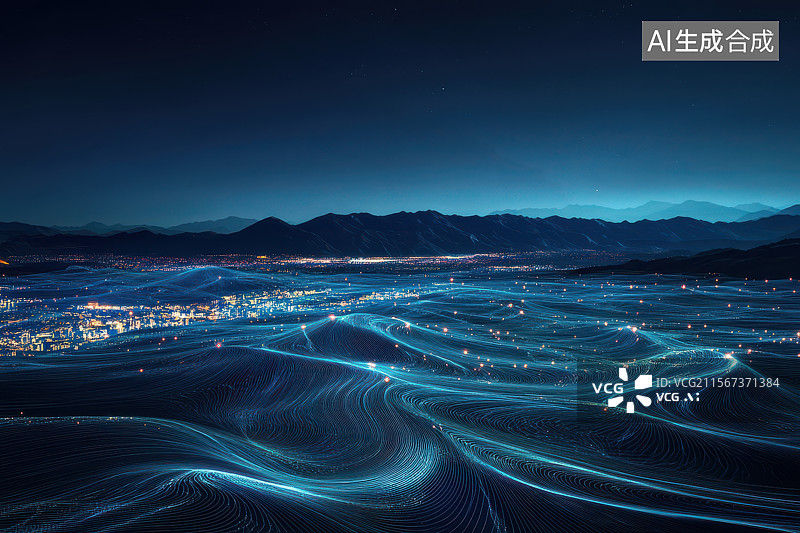 【AI数字艺术】夜幕山水间的蓝色光带风景艺术图像图片素材