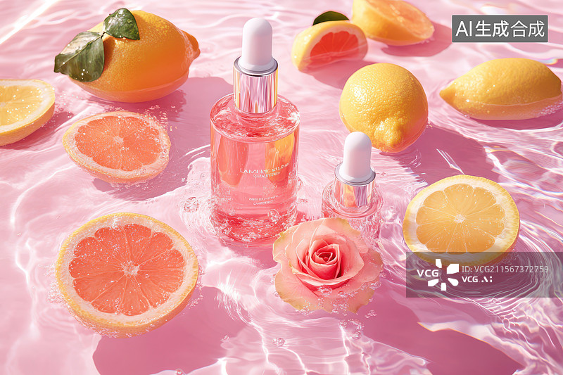【AI数字艺术】粉色水波上的柠檬花卉护肤品艺术图像图片素材