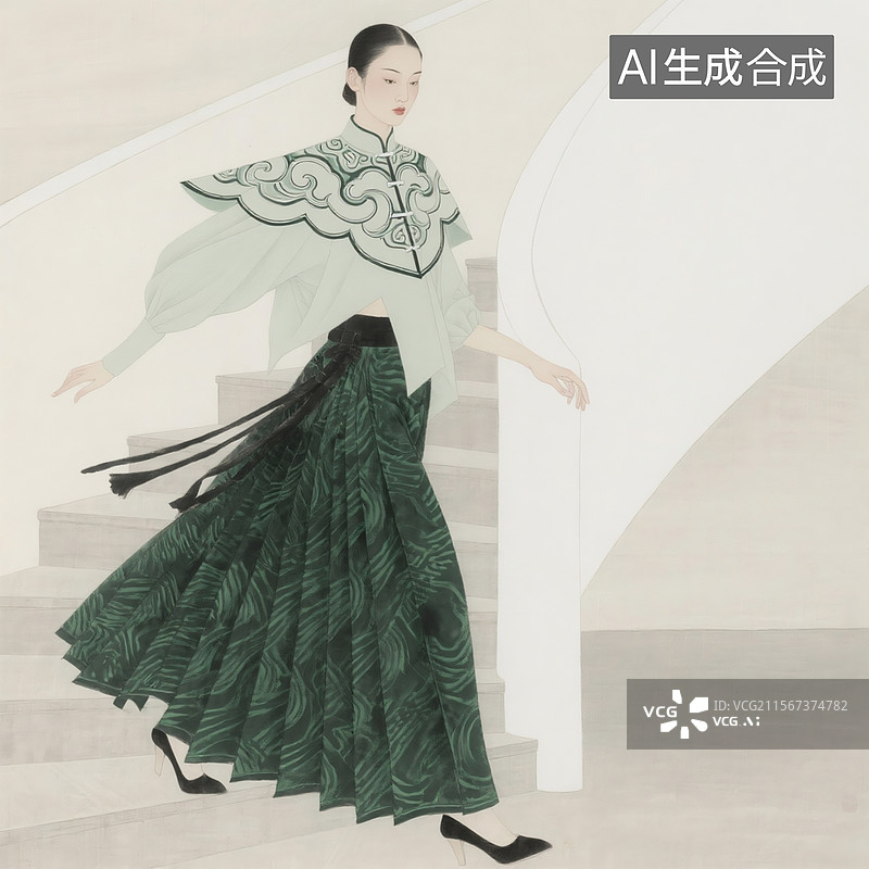 【AI数字艺术】工笔手绘风格马面裙造型，墨绿暗纹面料搭配解构主义上衣，传统云肩元素创新设计，人物在美术馆旋转楼梯处图片素材
