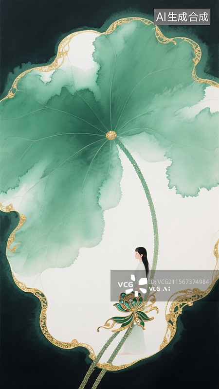【AI数字艺术】泼墨艺术，两片巨大的荷叶 ，荷叶中间渺小的少女，绿白主色调图片素材