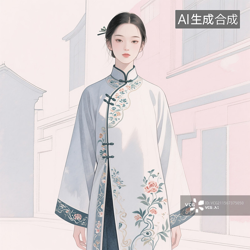 【AI数字艺术】插画风格改良汉服设计，水彩质感人物立绘，传统刺绣纹样结合现代剪裁图片素材