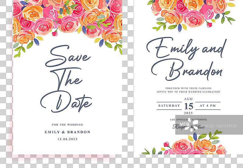 水彩粉色玫瑰婚礼请柬套装图片素材