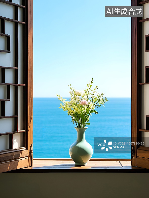 【AI数字艺术】面朝大海的中式窗台上的一瓶插花图片素材
