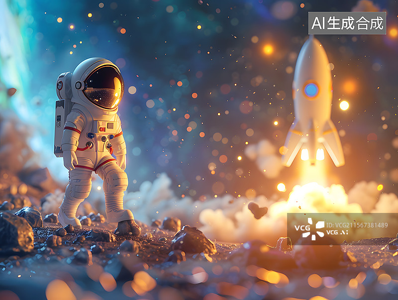 【AI数字艺术】一个宇航员和起升的火箭图片素材