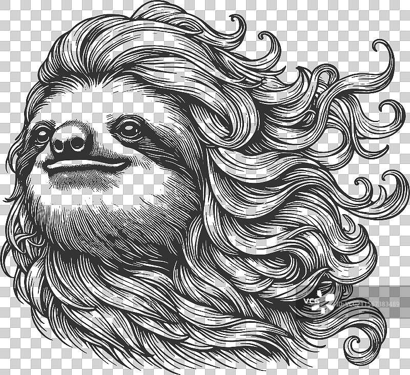 奇幻的树懒与飘逸的长发雕刻图片素材