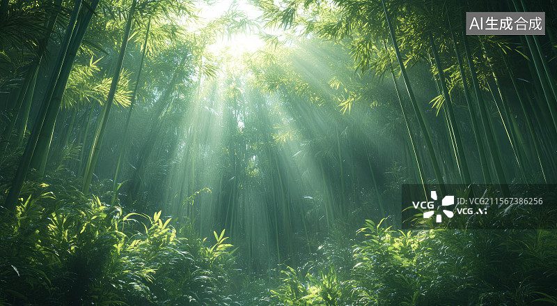 【AI数字艺术】阳光照耀下的绿色竹林图片素材