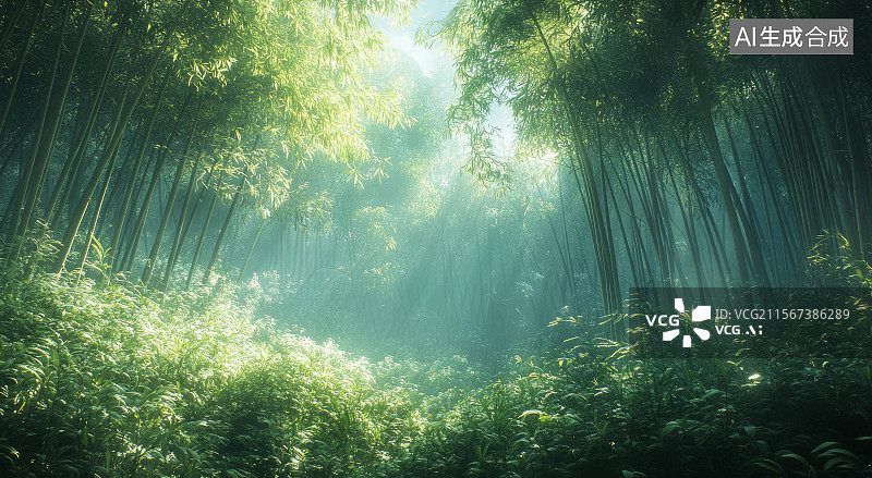 【AI数字艺术】阳光照耀下的绿色竹林图片素材