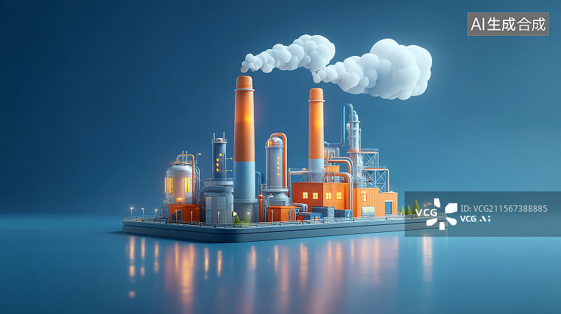 【AI数字艺术】蓝色背景上的橙色和灰色工业化工厂的3D插图图片素材