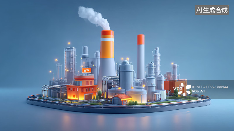 【AI数字艺术】蓝色背景上的橙色和灰色工业化工厂的3D插图图片素材