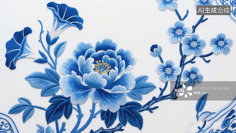 【AI数字艺术】青花瓷牡丹花插画图片素材