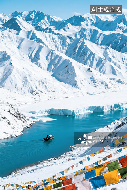 【AI数字艺术】高空俯视被白雪覆盖的锯齿状山脉群，冰川融水形成的蓝色河流中行驶着乌篷船，山脚散布藏族经幡图片素材