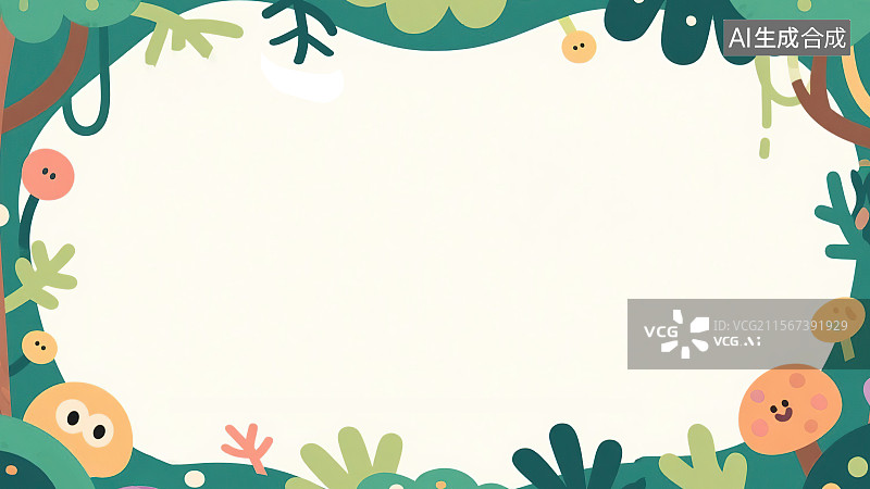 【AI数字艺术】2D卡通环绕背景趣味扁平元素，奇幻森林儿童绘本可爱卡通手绘水彩画 文学童话配图角图装饰画印花图案边框图片素材