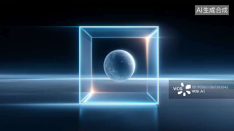 【AI数字艺术】太空科技主题背景——发光立方体与星球图片素材
