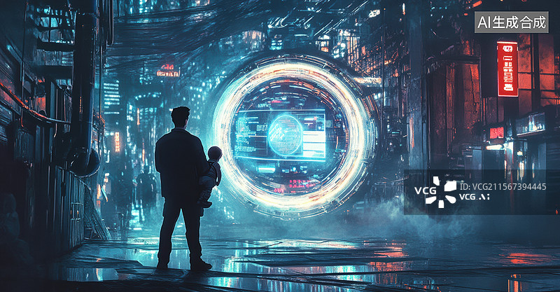 【AI数字艺术】一个充满未来感的场景，一个男人站在一个巨大的发光环前，背景是繁华的城市夜景。图片素材