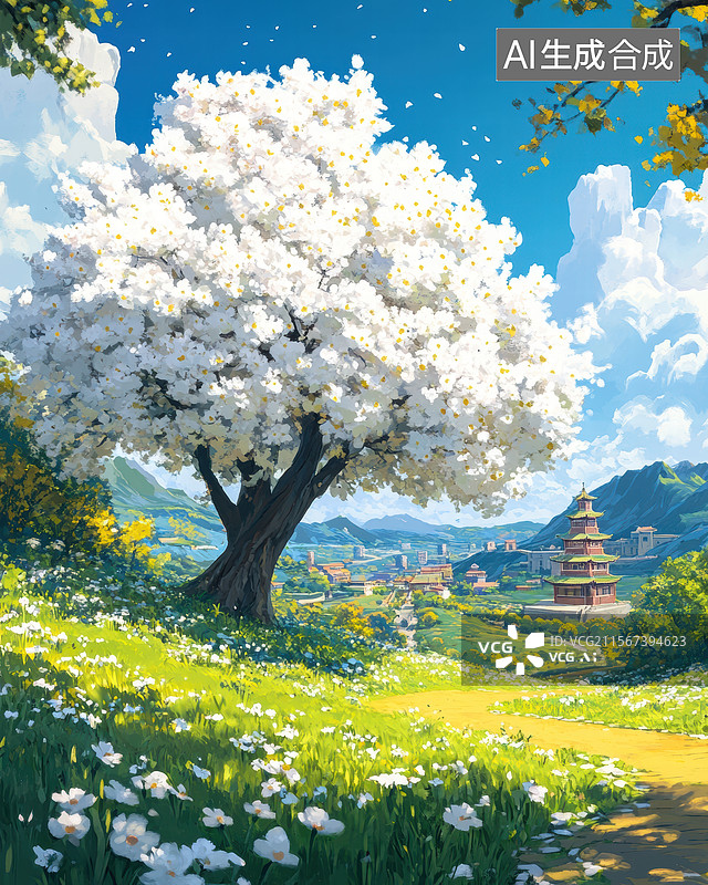 【AI数字艺术】春日樱花树下的田园风光图片素材