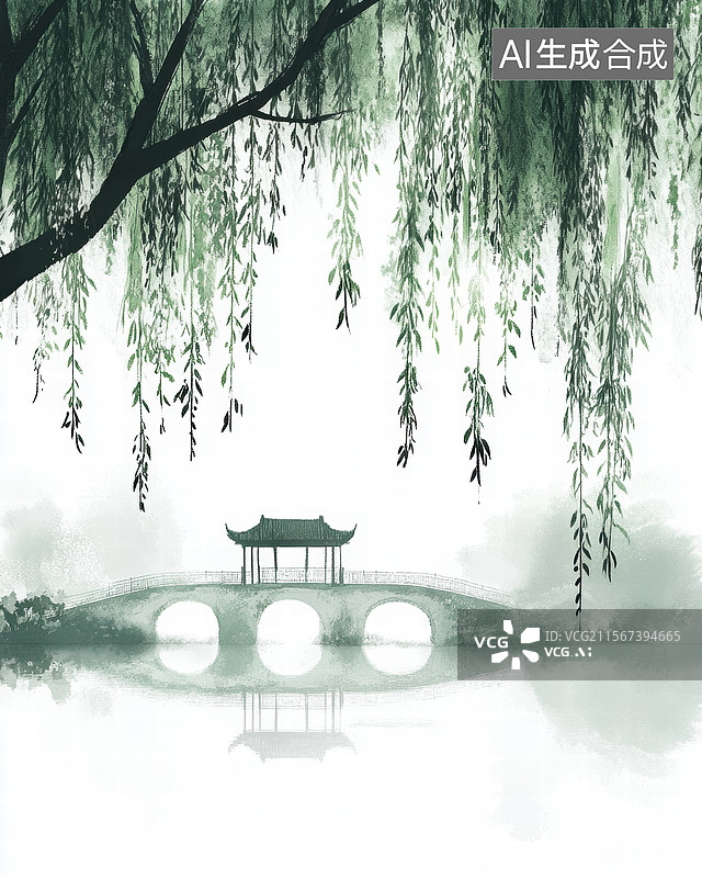 【AI数字艺术】柳岸亭桥春意浓图片素材