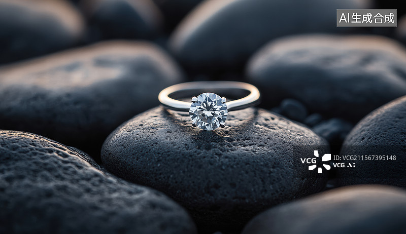 【AI数字艺术】放在石头上的一个钻石戒指图片素材