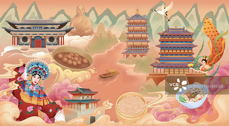 国风山西景点地标建筑插画海报山西城市文旅插画图片素材