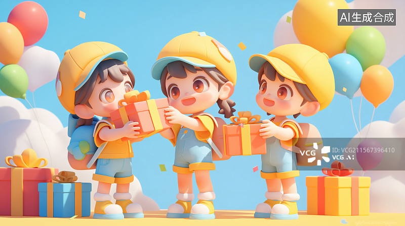 【AI数字艺术】儿童节三个小朋友手里捧着礼物开心的庆祝图片素材