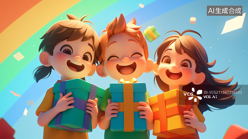 【AI数字艺术】儿童节三个小朋友手里捧着礼物开心的庆祝图片素材